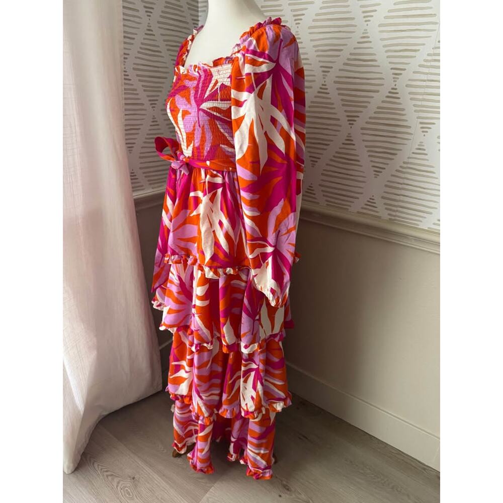 Peach Love Small Tropical Print Tiered Ruffle Smocked Long Sleeve Maxi Dress - Picture 4 of 7